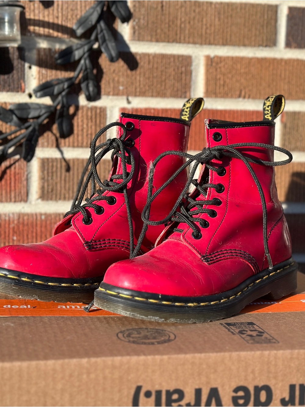 Dr. Martens Red Leather 8-Eye Lace-Up Boots with Black Laces